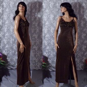 Vintage Y2K Prom Dress Size Small Retro 2000s Copper Beaded Metallic Maxi Long